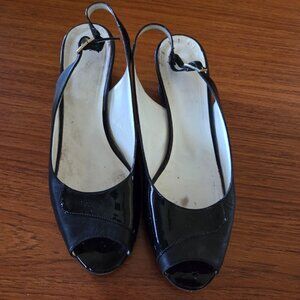 Bruno Magli Vintage Black Leather & Patent Slingback Wedge Peep Toe Sandals